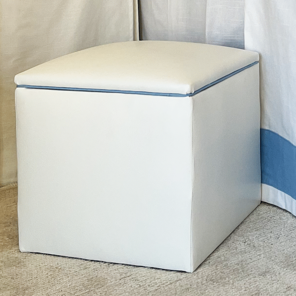 Storage Ottoman - White Faux Leather with Blue Jay Linen Piping