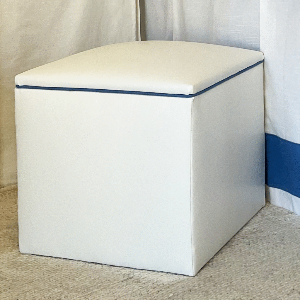 Storage Ottoman - White Faux Leather with Marine Blue Linen Piping