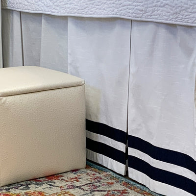 Bed Skirt Panel - White with Double Navy Ribbon
