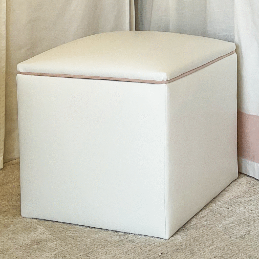 Storage Ottoman - White Faux Leather with Soft Pink Piping