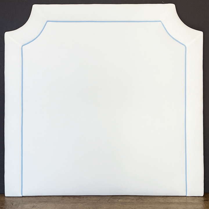 Headboard - (ALLOW 1 MONTH) Bella White with Blue Jay Linen Piping