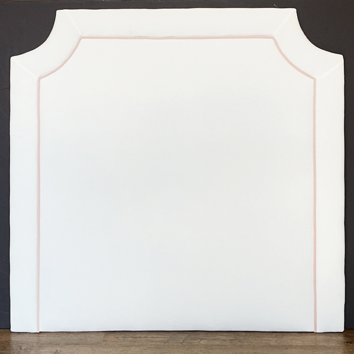 Headboard - (ALLOW 1 MONTH) Bella White with Bella Soft Pink Piping