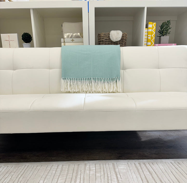Fringed Herringbone Throw - Seafoam