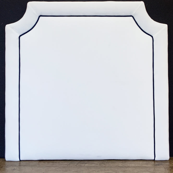 Headboard - (ALLOW 1 MONTH) Bella White with Bella Deep Blue Piping