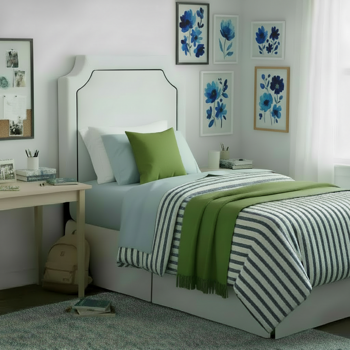 Headboard - (ALLOW 1 MONTH) Bella White with Bella Deep Blue Piping