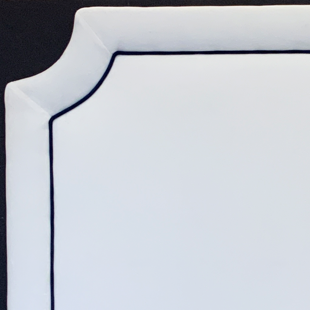 Headboard - (ALLOW 1 MONTH) Bella White with Bella Deep Blue Piping