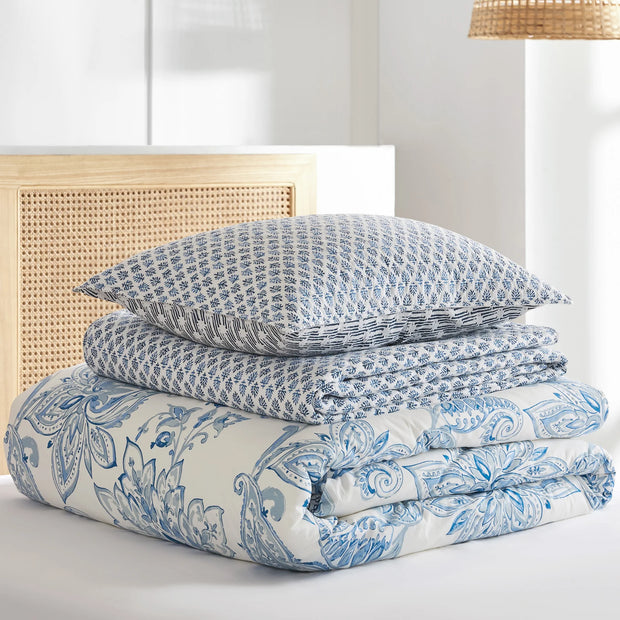 Block Print Quilt Set- Blue (Twin)