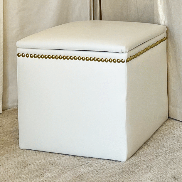 Storage Ottoman - White Faux Leather with Gold Nailheads