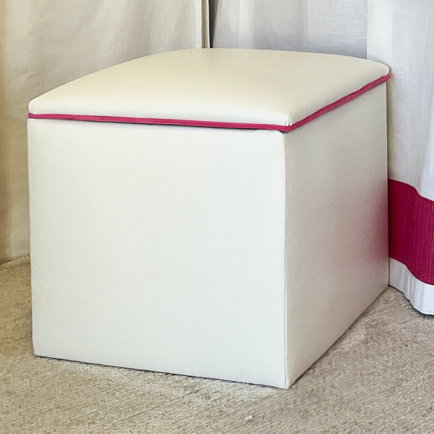 Storage Ottoman - White Faux Leather with Hot Pink Piping