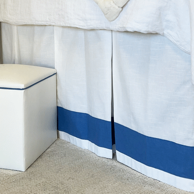 Bed Skirt Panel -  White with Marine Blue Linen Banding