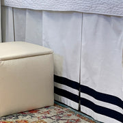 Bed Skirt Panel - White with Double Navy Ribbon