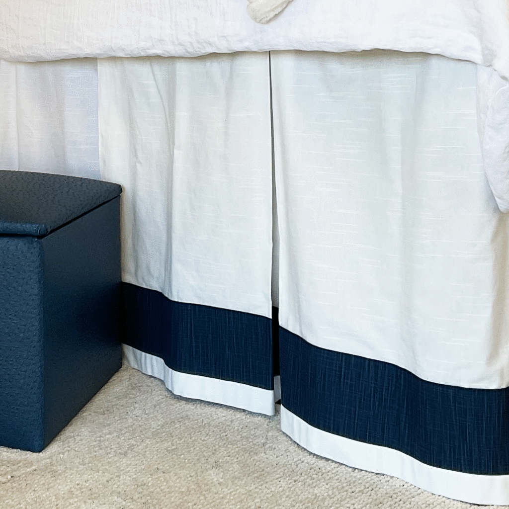 Bed Skirt Panel -  White with Navy Twist Banding