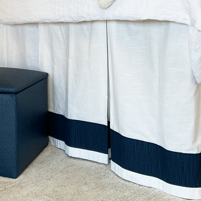 Bed Skirt Panel -  White with Navy Twist Banding