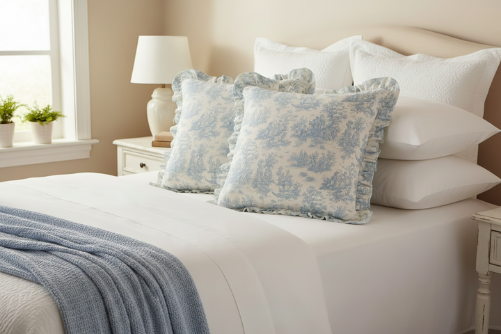 Ruffle Toile Light Blue Pillow - 22"