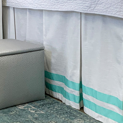 Bed Skirt Panel - White with Double Seafoam Ribbon