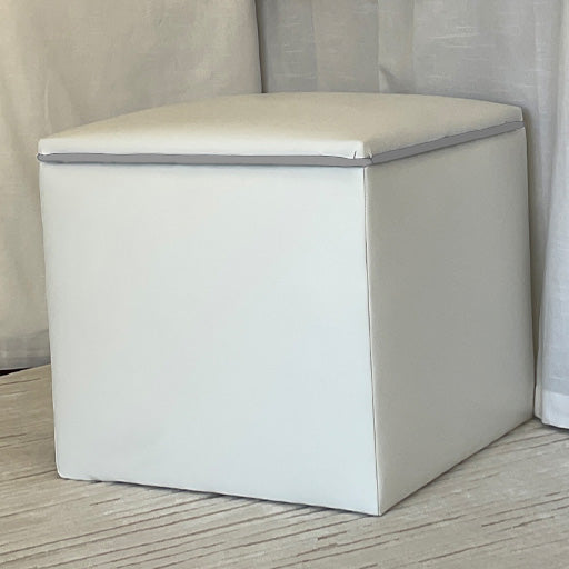 Storage Ottoman -  White Faux Leather with Gray Piping
