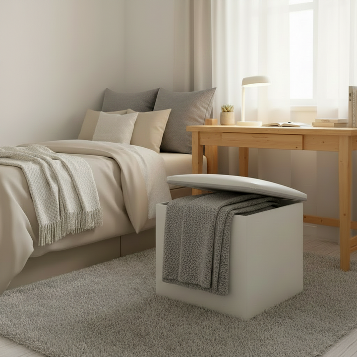 Storage Ottoman -  White Faux Leather with Gray Piping
