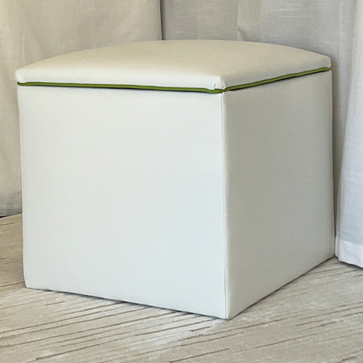 Storage Ottoman -  White Faux Leather with Lemon Lime Piping