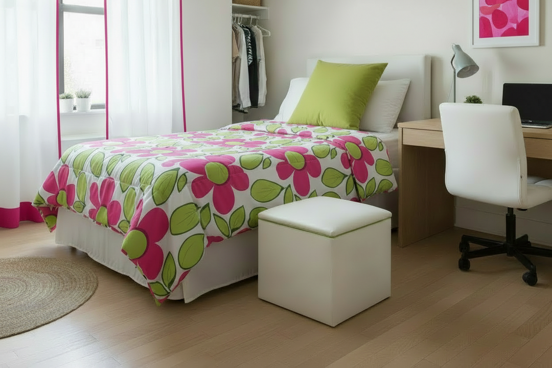 Storage Ottoman -  White Faux Leather with Lemon Lime Piping