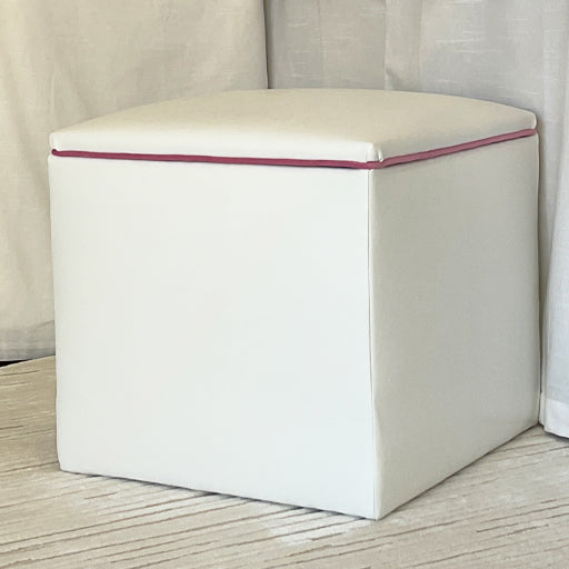 Storage Ottoman -  White Faux Leather with Bella Tulip Piping